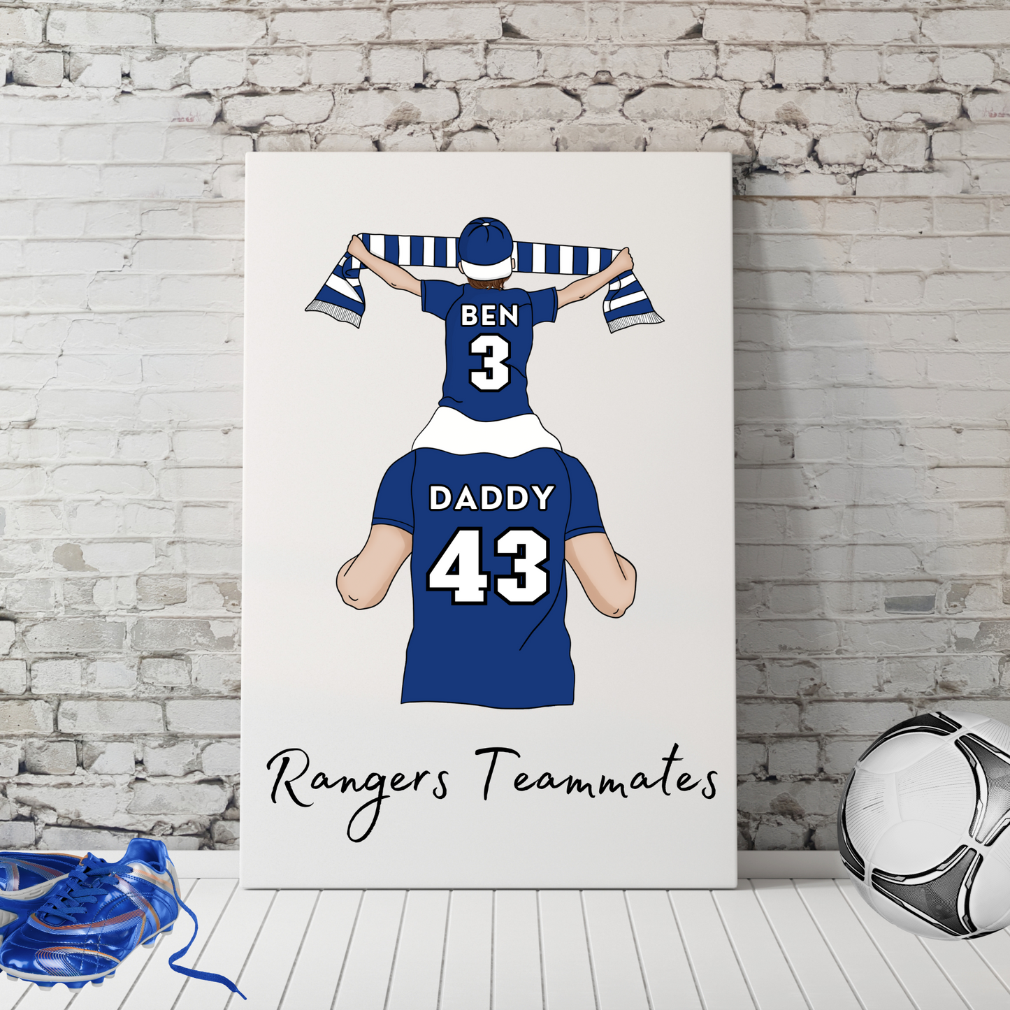 Personalised Father and Son Football Wall Art, Rangers Football Art Print, Boys Room Decor