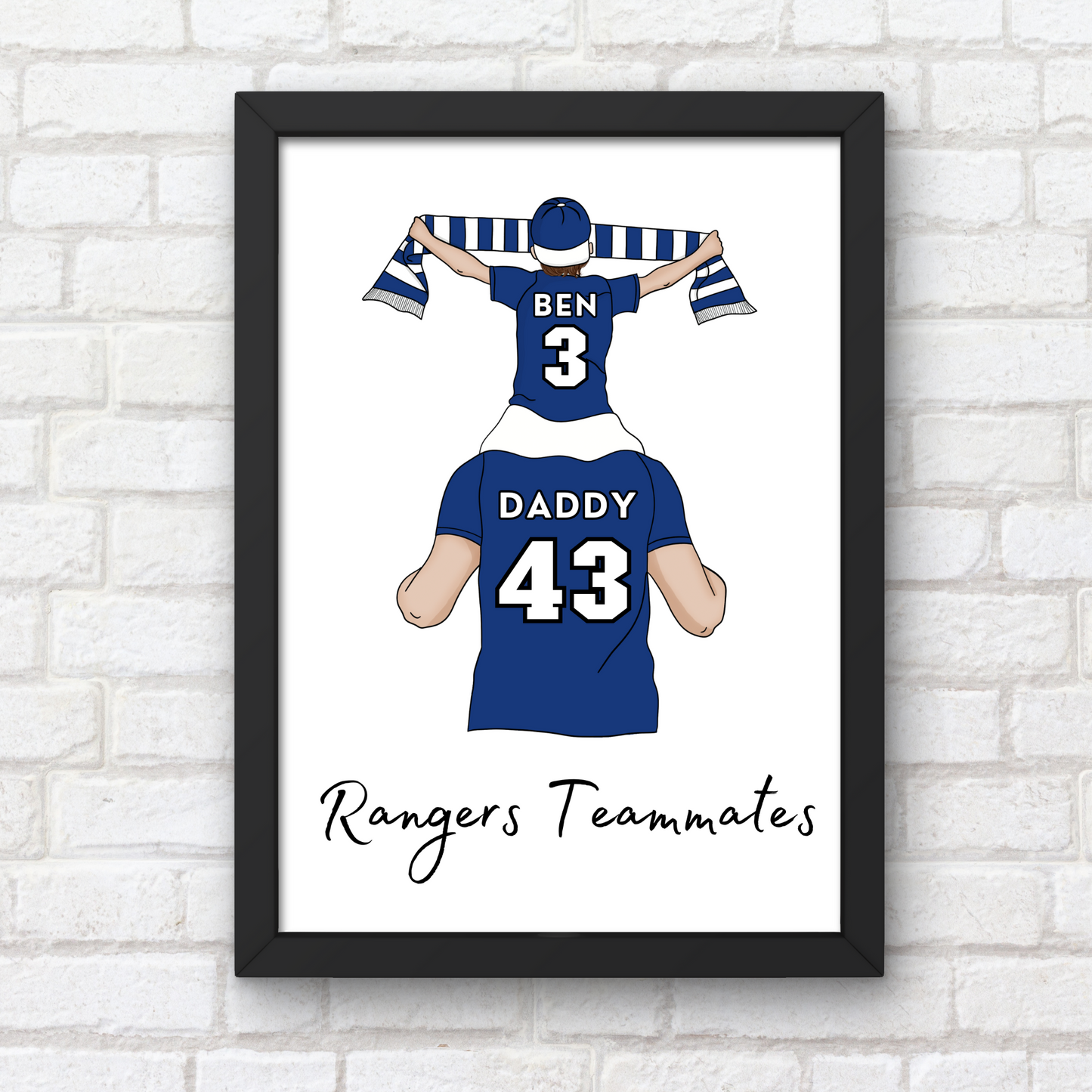 Personalised Father and Son Football Wall Art, Rangers Football Art Print, Boys Room Decor