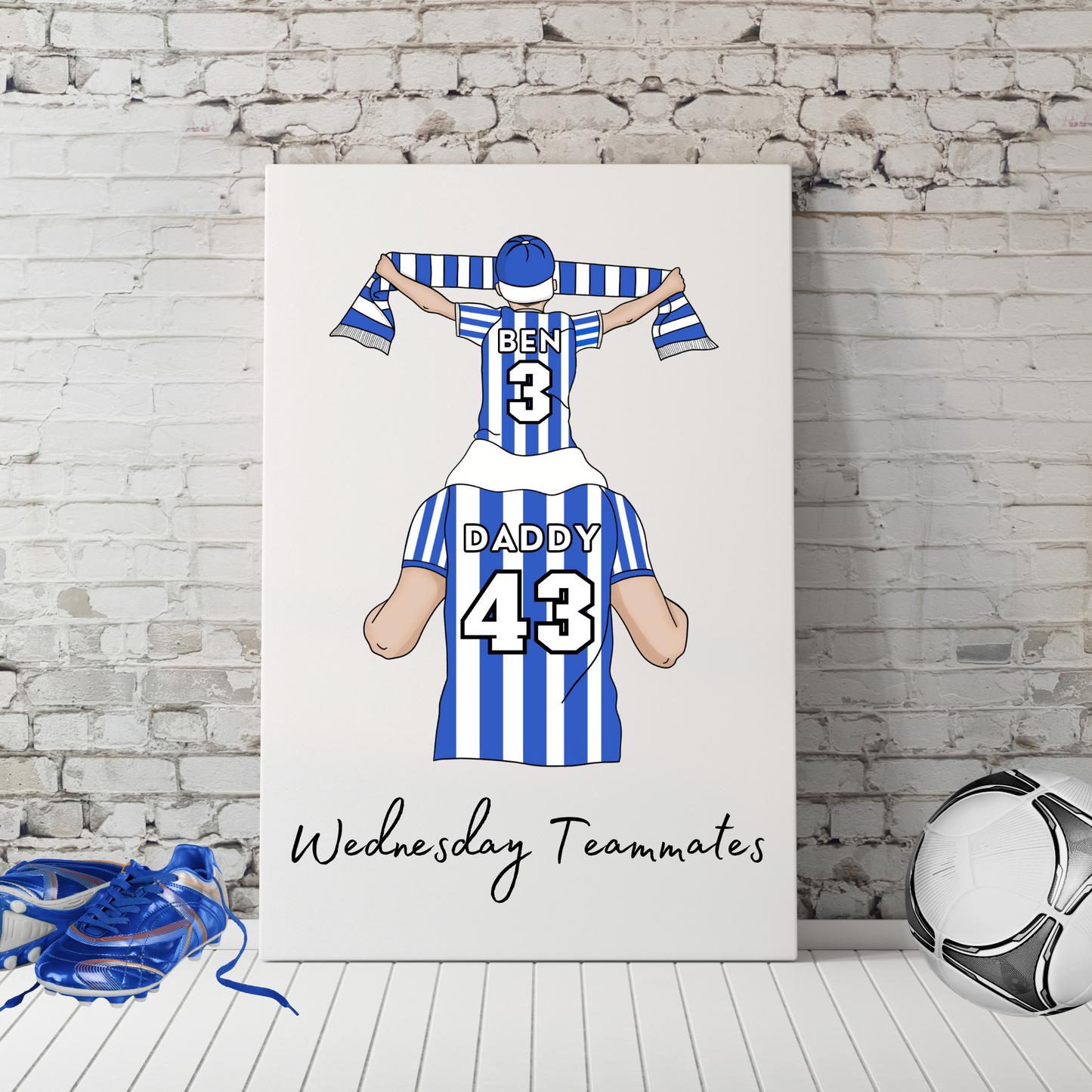 Personalised Father and Son Football Wall Art, Sheffield Wednesday Football Art Print, Boys Room Decor