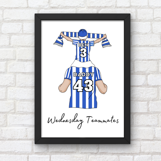 Personalised Father and Son Football Wall Art, Sheffield Wednesday Football Art Print, Boys Room Decor