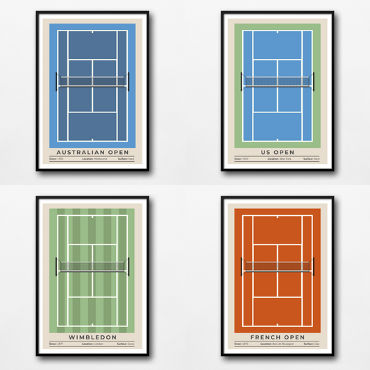 Tennis Set of 4 Posters, Wimbledon, Australian Open, French Open, US Open